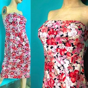 Vtg Y2K Bold Floral Pinks Red White Black Stretch Tube Pencil Dress @Knee~Sz 6